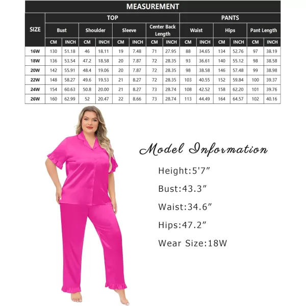 SWOMOG Plus Size Pajamas for Women Satin Silk Short Sleeve Ruffle Hem PJs Button Down Sleepwear with Long Pants 2Pcs PJ SetsRose Red