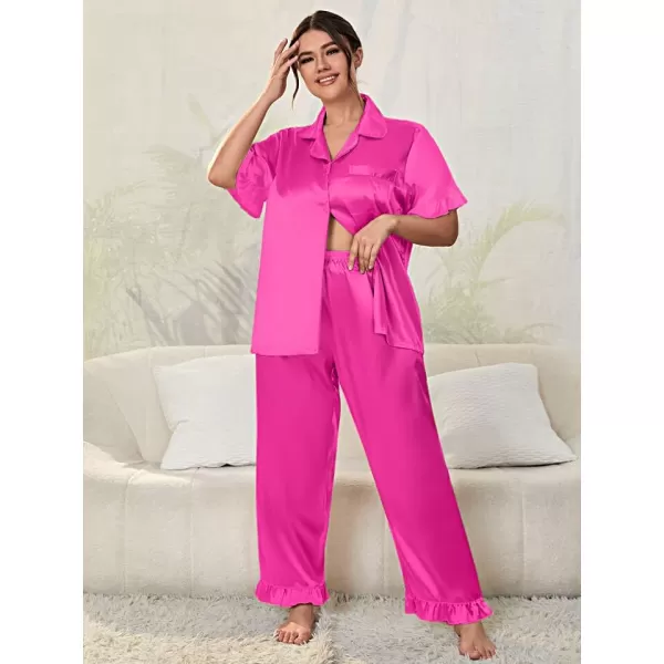 SWOMOG Plus Size Pajamas for Women Satin Silk Short Sleeve Ruffle Hem PJs Button Down Sleepwear with Long Pants 2Pcs PJ SetsRose Red