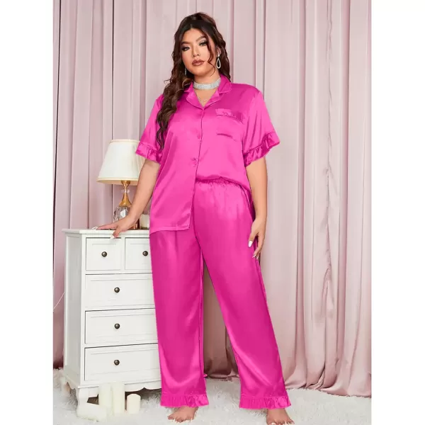 SWOMOG Plus Size Pajamas for Women Satin Silk Short Sleeve Ruffle Hem PJs Button Down Sleepwear with Long Pants 2Pcs PJ SetsRose Red