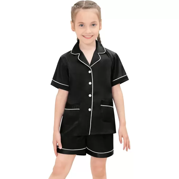 SWOMOG Satin Kid Pajamas for Girls Silk Pjs Set with 2 Pockets Boys Sleepwear Buttonup Lounge Sets Short Sleeve NightwearA Black