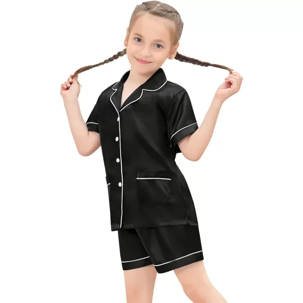 SWOMOG Satin Kid Pajamas for Girls Silk Pjs Set with 2 Pockets Boys Sleepwear Buttonup Lounge Sets Short Sleeve NightwearA Black