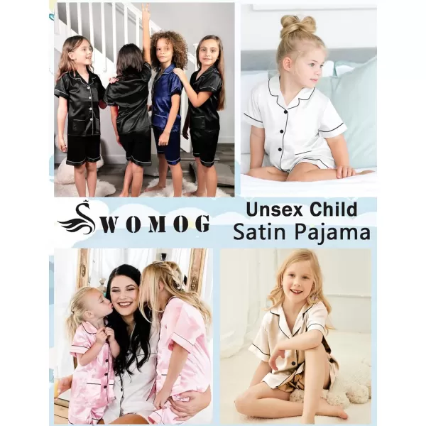 SWOMOG Satin Kid Pajamas for Girls Silk Pjs Set with 2 Pockets Boys Sleepwear Buttonup Lounge Sets Short Sleeve NightwearA Black