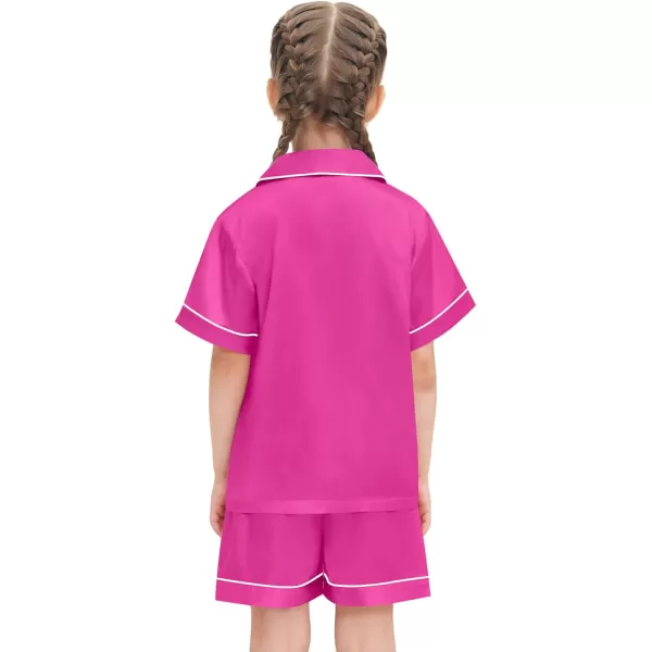 SWOMOG Satin Kid Pajamas for Girls Silk Pjs Set with 2 Pockets Boys Sleepwear Buttonup Lounge Sets Short Sleeve NightwearA Rose Red