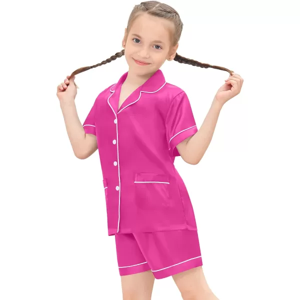SWOMOG Satin Kid Pajamas for Girls Silk Pjs Set with 2 Pockets Boys Sleepwear Buttonup Lounge Sets Short Sleeve NightwearA Rose Red