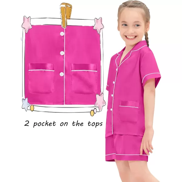 SWOMOG Satin Kid Pajamas for Girls Silk Pjs Set with 2 Pockets Boys Sleepwear Buttonup Lounge Sets Short Sleeve NightwearA Rose Red