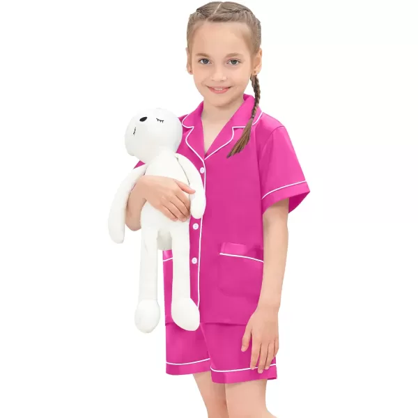 SWOMOG Satin Kid Pajamas for Girls Silk Pjs Set with 2 Pockets Boys Sleepwear Buttonup Lounge Sets Short Sleeve NightwearA Rose Red
