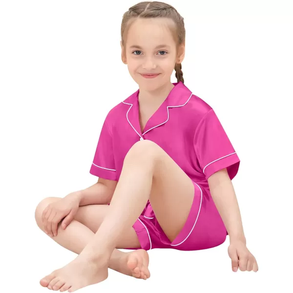 SWOMOG Satin Kid Pajamas for Girls Silk Pjs Set with 2 Pockets Boys Sleepwear Buttonup Lounge Sets Short Sleeve NightwearA Rose Red