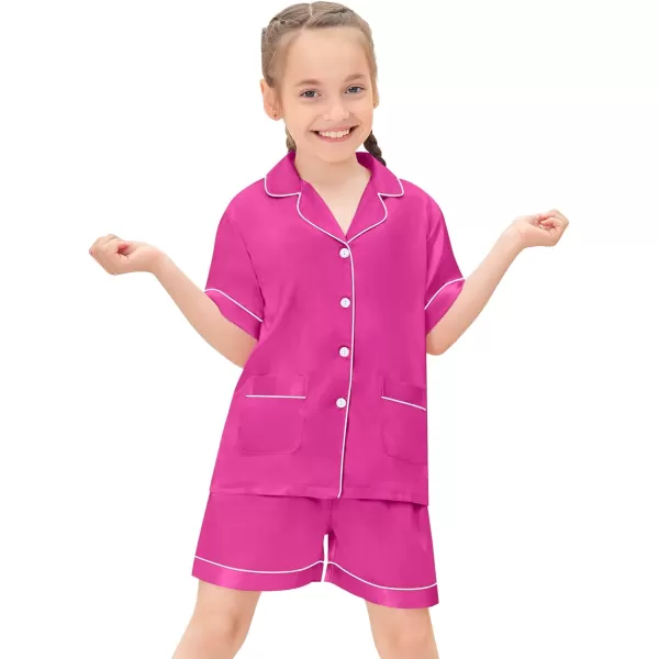 SWOMOG Satin Kid Pajamas for Girls Silk Pjs Set with 2 Pockets Boys Sleepwear Buttonup Lounge Sets Short Sleeve NightwearA Rose Red