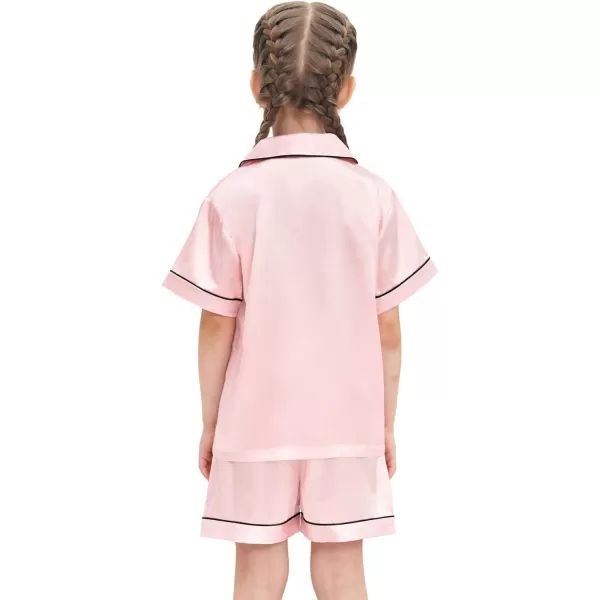 SWOMOG Satin Kid Pajamas for Girls Silk Pjs Set with 2 Pockets Boys Sleepwear Buttonup Lounge Sets Short Sleeve NightwearA Sakura Pink