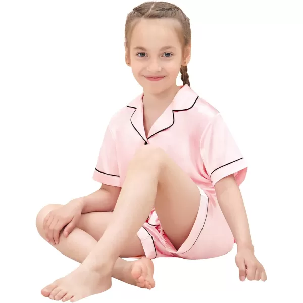 SWOMOG Satin Kid Pajamas for Girls Silk Pjs Set with 2 Pockets Boys Sleepwear Buttonup Lounge Sets Short Sleeve NightwearA Sakura Pink