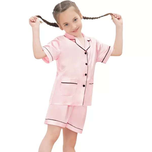 SWOMOG Satin Kid Pajamas for Girls Silk Pjs Set with 2 Pockets Boys Sleepwear Buttonup Lounge Sets Short Sleeve NightwearA Sakura Pink