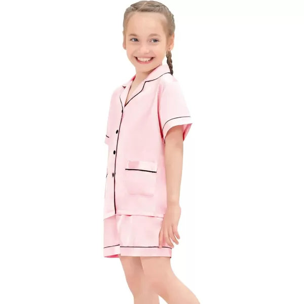 SWOMOG Satin Kid Pajamas for Girls Silk Pjs Set with 2 Pockets Boys Sleepwear Buttonup Lounge Sets Short Sleeve NightwearA Sakura Pink