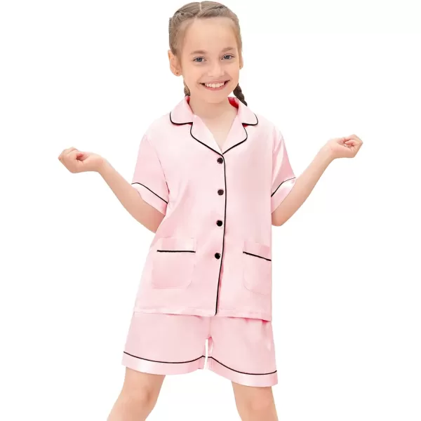 SWOMOG Satin Kid Pajamas for Girls Silk Pjs Set with 2 Pockets Boys Sleepwear Buttonup Lounge Sets Short Sleeve NightwearA Sakura Pink