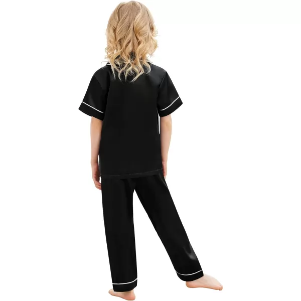 SWOMOG Satin Kid Pajamas for Girls Silk Pjs Set with 2 Pockets Boys Sleepwear Buttonup Lounge Sets Short Sleeve NightwearBlacklong Pant