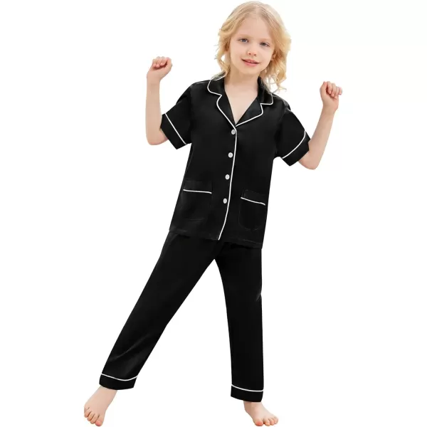 SWOMOG Satin Kid Pajamas for Girls Silk Pjs Set with 2 Pockets Boys Sleepwear Buttonup Lounge Sets Short Sleeve NightwearBlacklong Pant