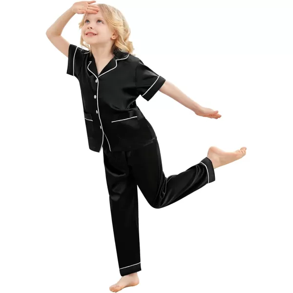 SWOMOG Satin Kid Pajamas for Girls Silk Pjs Set with 2 Pockets Boys Sleepwear Buttonup Lounge Sets Short Sleeve NightwearBlacklong Pant