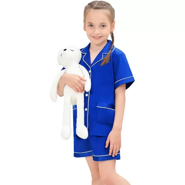 SWOMOG Satin Kid Pajamas for Girls Silk Pjs Set with 2 Pockets Boys Sleepwear Buttonup Lounge Sets Short Sleeve NightwearBlue
