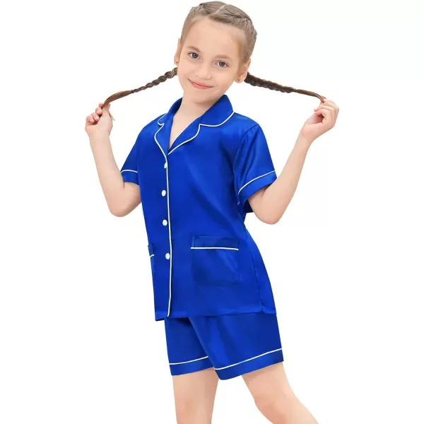 SWOMOG Satin Kid Pajamas for Girls Silk Pjs Set with 2 Pockets Boys Sleepwear Buttonup Lounge Sets Short Sleeve NightwearBlue