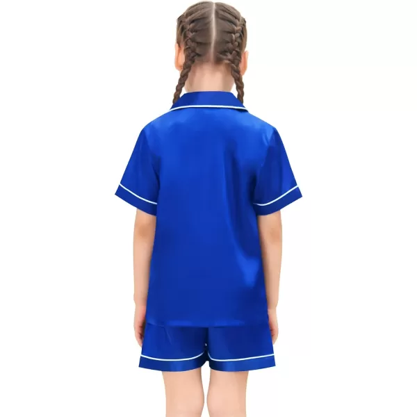 SWOMOG Satin Kid Pajamas for Girls Silk Pjs Set with 2 Pockets Boys Sleepwear Buttonup Lounge Sets Short Sleeve NightwearBlue