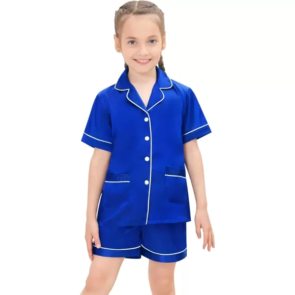 SWOMOG Satin Kid Pajamas for Girls Silk Pjs Set with 2 Pockets Boys Sleepwear Buttonup Lounge Sets Short Sleeve NightwearBlue