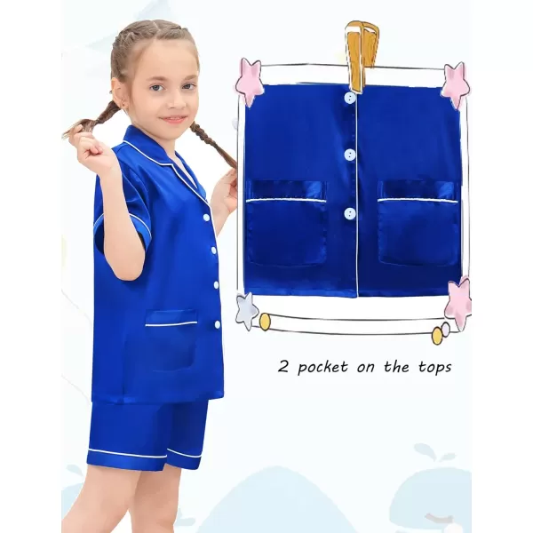 SWOMOG Satin Kid Pajamas for Girls Silk Pjs Set with 2 Pockets Boys Sleepwear Buttonup Lounge Sets Short Sleeve NightwearBlue