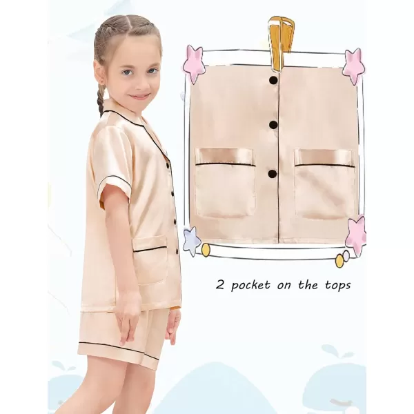 SWOMOG Satin Kid Pajamas for Girls Silk Pjs Set with 2 Pockets Boys Sleepwear Buttonup Lounge Sets Short Sleeve NightwearChampagne