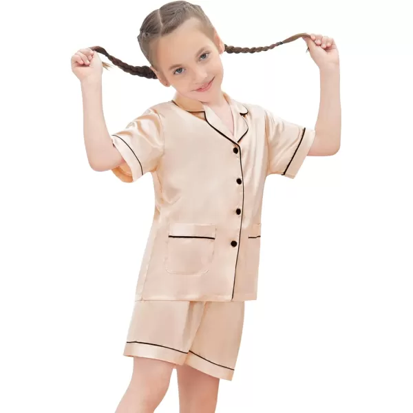 SWOMOG Satin Kid Pajamas for Girls Silk Pjs Set with 2 Pockets Boys Sleepwear Buttonup Lounge Sets Short Sleeve NightwearChampagne