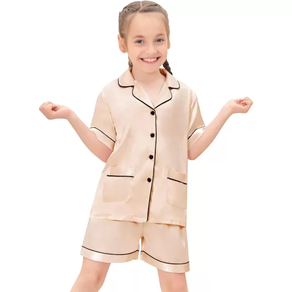 SWOMOG Satin Kid Pajamas for Girls Silk Pjs Set with 2 Pockets Boys Sleepwear Buttonup Lounge Sets Short Sleeve NightwearChampagne