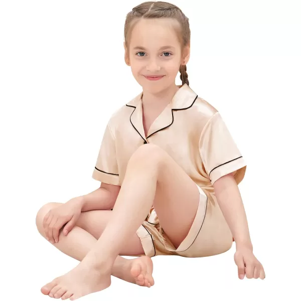 SWOMOG Satin Kid Pajamas for Girls Silk Pjs Set with 2 Pockets Boys Sleepwear Buttonup Lounge Sets Short Sleeve NightwearChampagne