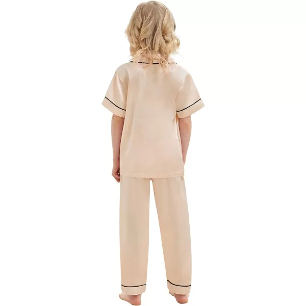SWOMOG Satin Kid Pajamas for Girls Silk Pjs Set with 2 Pockets Boys Sleepwear Buttonup Lounge Sets Short Sleeve NightwearChampagnelong Pant