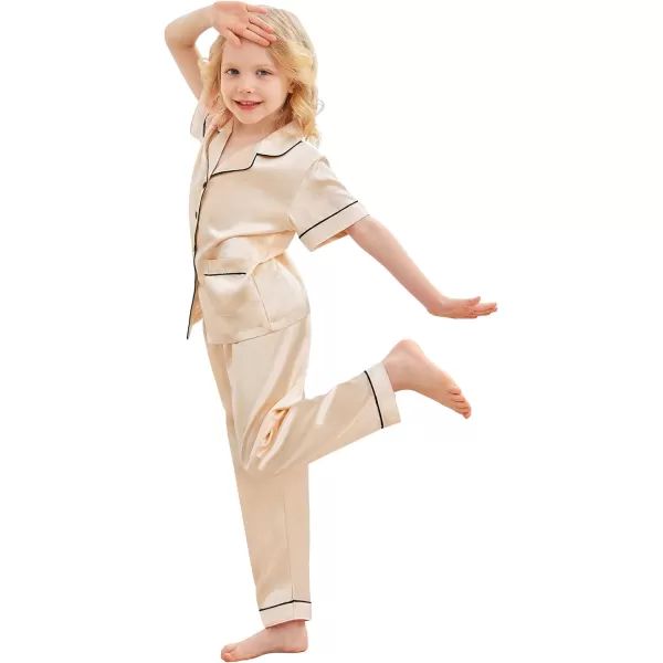 SWOMOG Satin Kid Pajamas for Girls Silk Pjs Set with 2 Pockets Boys Sleepwear Buttonup Lounge Sets Short Sleeve NightwearChampagnelong Pant
