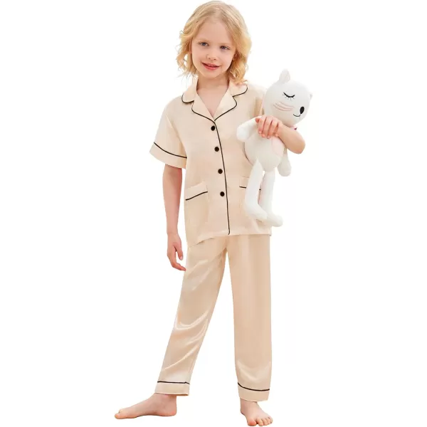 SWOMOG Satin Kid Pajamas for Girls Silk Pjs Set with 2 Pockets Boys Sleepwear Buttonup Lounge Sets Short Sleeve NightwearChampagnelong Pant