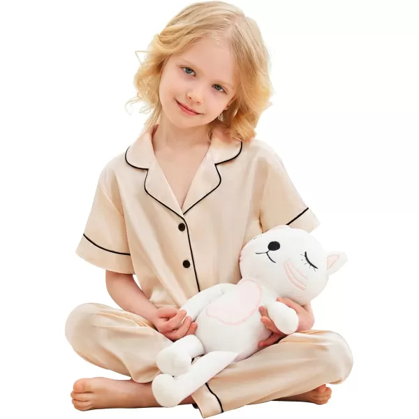 SWOMOG Satin Kid Pajamas for Girls Silk Pjs Set with 2 Pockets Boys Sleepwear Buttonup Lounge Sets Short Sleeve NightwearChampagnelong Pant