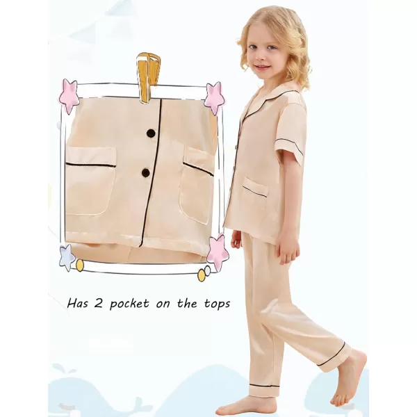 SWOMOG Satin Kid Pajamas for Girls Silk Pjs Set with 2 Pockets Boys Sleepwear Buttonup Lounge Sets Short Sleeve NightwearChampagnelong Pant