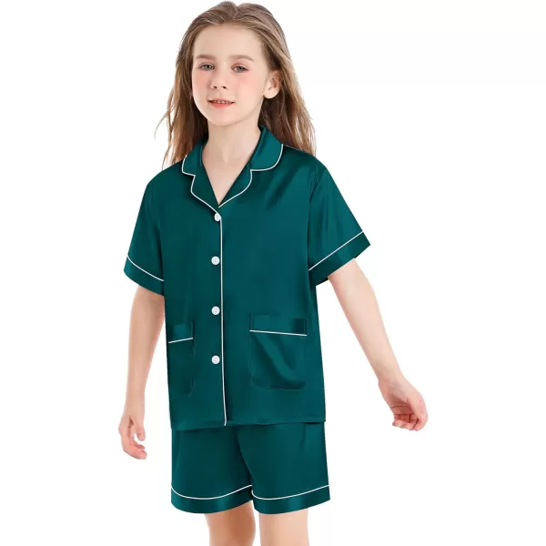 SWOMOG Satin Kid Pajamas for Girls Silk Pjs Set with 2 Pockets Boys Sleepwear Buttonup Lounge Sets Short Sleeve NightwearDeep Green