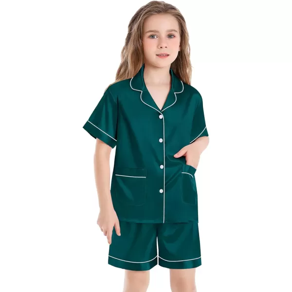 SWOMOG Satin Kid Pajamas for Girls Silk Pjs Set with 2 Pockets Boys Sleepwear Buttonup Lounge Sets Short Sleeve NightwearDeep Green