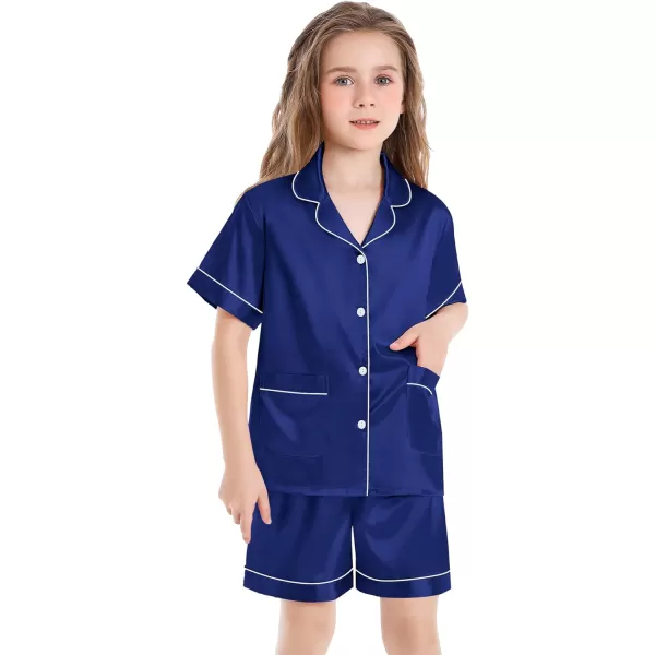 SWOMOG Satin Kid Pajamas for Girls Silk Pjs Set with 2 Pockets Boys Sleepwear Buttonup Lounge Sets Short Sleeve NightwearDeep Navy Blue