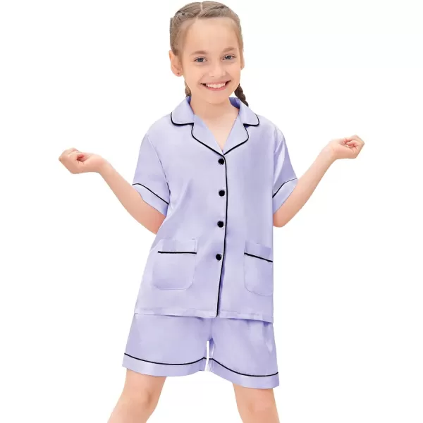SWOMOG Satin Kid Pajamas for Girls Silk Pjs Set with 2 Pockets Boys Sleepwear Buttonup Lounge Sets Short Sleeve NightwearLavender