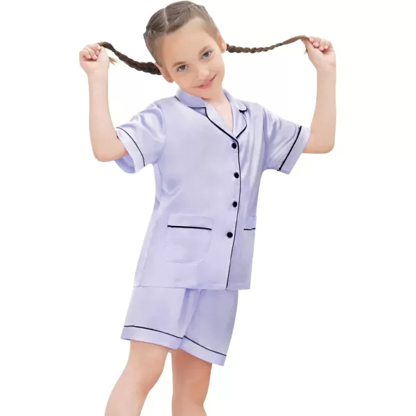 SWOMOG Satin Kid Pajamas for Girls Silk Pjs Set with 2 Pockets Boys Sleepwear Buttonup Lounge Sets Short Sleeve NightwearLavender
