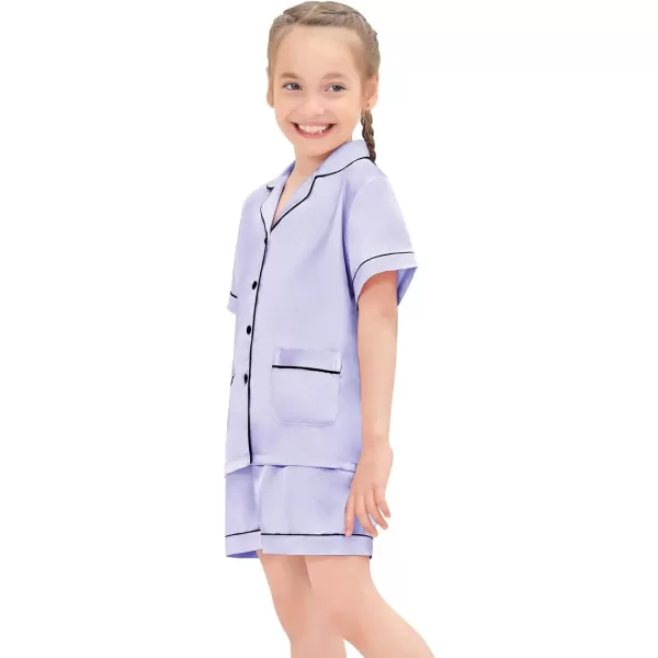 SWOMOG Satin Kid Pajamas for Girls Silk Pjs Set with 2 Pockets Boys Sleepwear Buttonup Lounge Sets Short Sleeve NightwearLavender