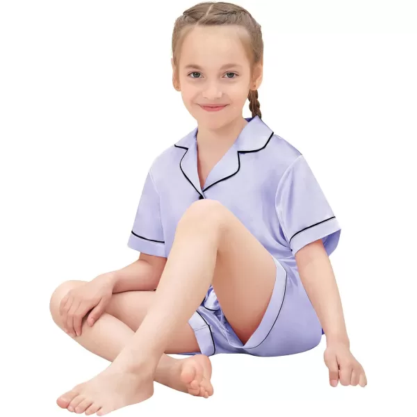 SWOMOG Satin Kid Pajamas for Girls Silk Pjs Set with 2 Pockets Boys Sleepwear Buttonup Lounge Sets Short Sleeve NightwearLavender
