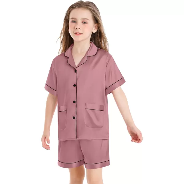 SWOMOG Satin Kid Pajamas for Girls Silk Pjs Set with 2 Pockets Boys Sleepwear Buttonup Lounge Sets Short Sleeve NightwearMisty Red