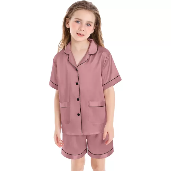 SWOMOG Satin Kid Pajamas for Girls Silk Pjs Set with 2 Pockets Boys Sleepwear Buttonup Lounge Sets Short Sleeve NightwearMisty Red