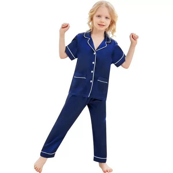 SWOMOG Satin Kid Pajamas for Girls Silk Pjs Set with 2 Pockets Boys Sleepwear Buttonup Lounge Sets Short Sleeve NightwearNavy Bluelong Pant
