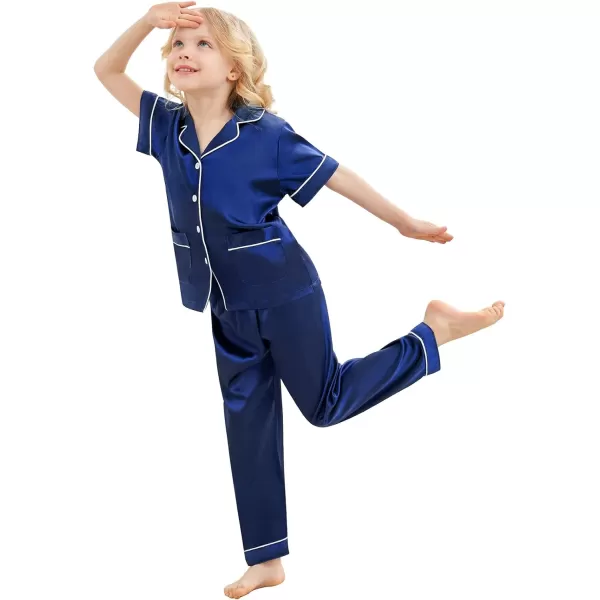 SWOMOG Satin Kid Pajamas for Girls Silk Pjs Set with 2 Pockets Boys Sleepwear Buttonup Lounge Sets Short Sleeve NightwearNavy Bluelong Pant