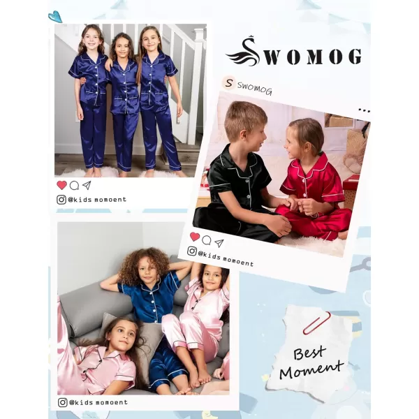 SWOMOG Satin Kid Pajamas for Girls Silk Pjs Set with 2 Pockets Boys Sleepwear Buttonup Lounge Sets Short Sleeve NightwearNavy Bluelong Pant