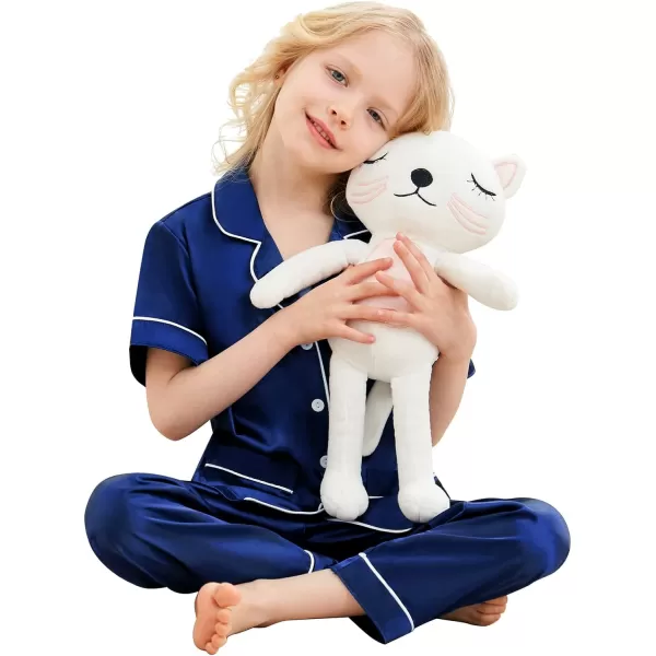 SWOMOG Satin Kid Pajamas for Girls Silk Pjs Set with 2 Pockets Boys Sleepwear Buttonup Lounge Sets Short Sleeve NightwearNavy Bluelong Pant