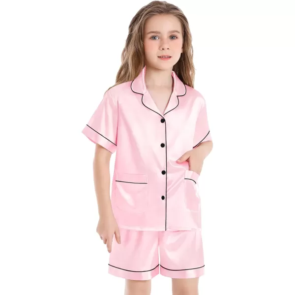 SWOMOG Satin Kid Pajamas for Girls Silk Pjs Set with 2 Pockets Boys Sleepwear Buttonup Lounge Sets Short Sleeve NightwearPink