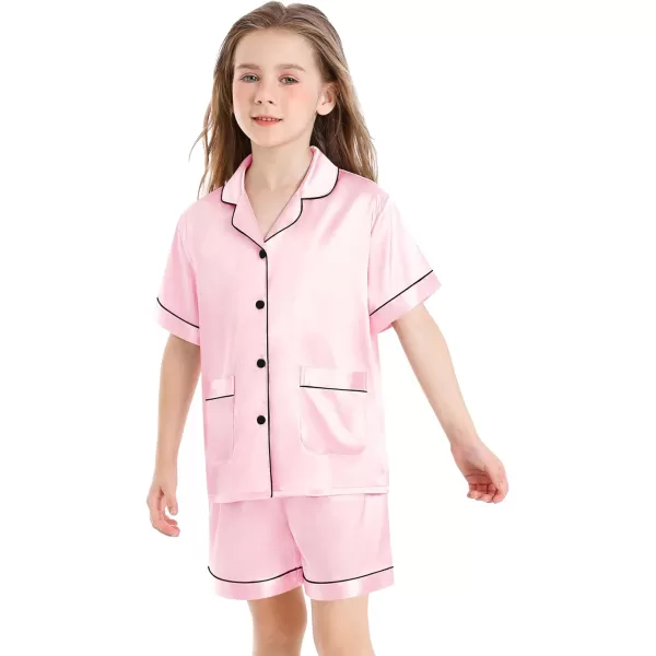 SWOMOG Satin Kid Pajamas for Girls Silk Pjs Set with 2 Pockets Boys Sleepwear Buttonup Lounge Sets Short Sleeve NightwearPink