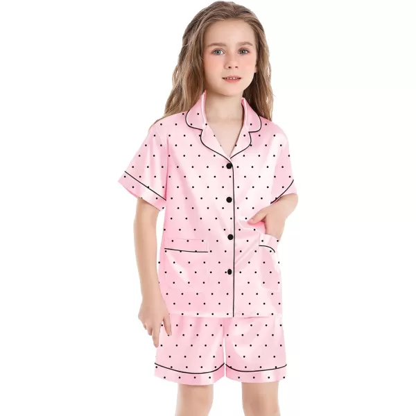 SWOMOG Satin Kid Pajamas for Girls Silk Pjs Set with 2 Pockets Boys Sleepwear Buttonup Lounge Sets Short Sleeve NightwearPink Point